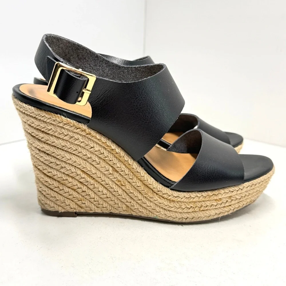 J. Crew Factory Black Espadrille Wedges Ankle Strap Platform Sandals 7M